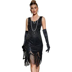 Plus Size 1920s Vintage Fringed Gatsby Sequin Beaded Tassels Hem Flapper Dress f